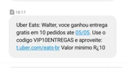 Uber Eats - 10 entregas grátis até 05/05/19