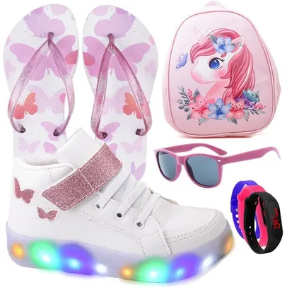 Tenis Infantil De Led Botinha Borboleta Meninas Feminino + Mochila Chinelo Oculos Relogio