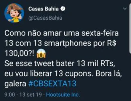 [Twitter](Casas Bahia) 13 Cupons para 13 smartphones por R$130,00