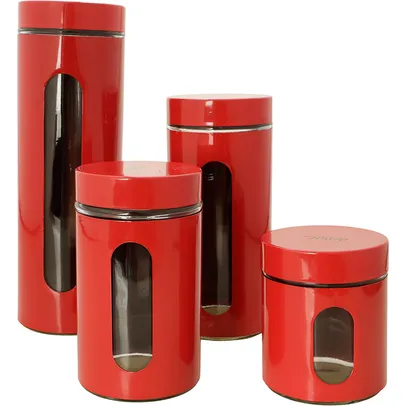 [R$10,79 AME SC] Porta Mantimentos em Aço Inox e vidro 4 Peças Vermelho - Basic+