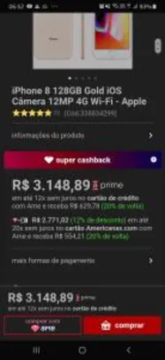 [AME 20%] iPhone 8 128GB Gold iOS Câmera 12MP 4G R$ 2771