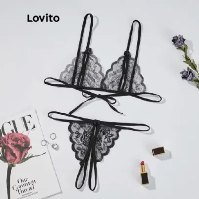 Lovito Sexy Conjunto de Calcinha e Sutiã de Renda L12084 (Preto) por R$4,38