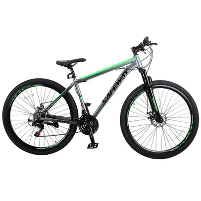 Bicicleta Aro 29 Safeway Aço Carbono 21 marchas Shimano Freio a Disco e Suspensão - Cinza+Verde | R$1100