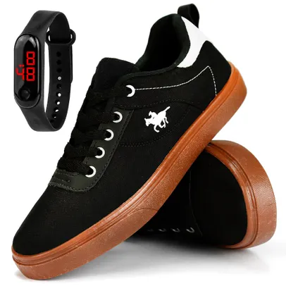 Tênis Masculino Sapatenis Polo Energy Conforto Skateboard Preto com Relógio Digital