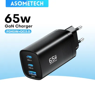 Carregador ASOMETECH GaN USB tipo C, 65W, QC4.0