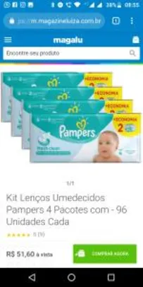 Kit Lenços Umedecidos Pampers 4 Pacotes com - 96 Unidades Cada | R$52