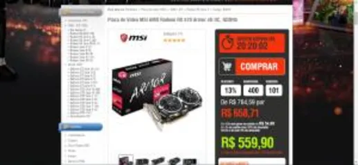 Placa de Vídeo MSI AMD Radeon RX 570 Armor 4G OC, GDDR5 R$ 560