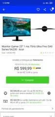 Monitor Gamer 23'' 1 ms 75Hz Ultra Fino SA0 Series SA230 - Acer R$570