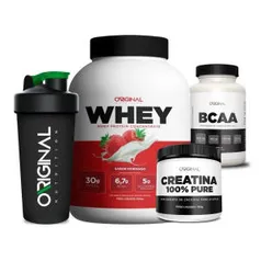 Kit Whey Protein + Bcaa + Creatina + Copo - Original Nutrition - Morango - R$ 129