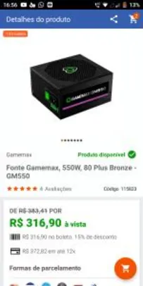 Fonte Gamemax GM550 80plus bronze R$317