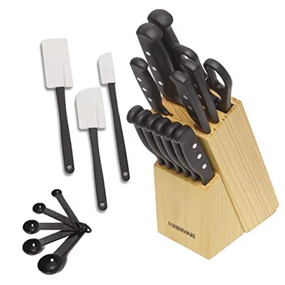 Conjunto de 22 peças de facas e utensílios de cozinha Nunca precisa afiar Farberware de aço inoxidável de alto carbono, preto