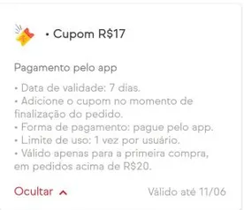 [1° compra] Cupom de desconto de R$17 no ifood