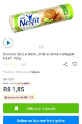 App + Cliente Ouro | Biscoito Seco e Doce Limão e Cereais Integral - Nesfit 160g | R$1,85
