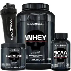 Kit Suplementos Whey + Creatina + Bcaa + Coqueteleira - Black Skull