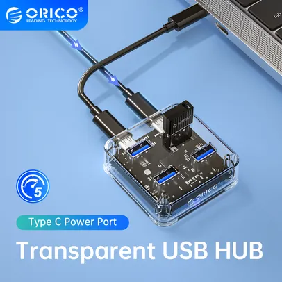 ORICO HUB USB C Transparente, Expansão 4 Portas, USB 3.2, Adaptador OTG