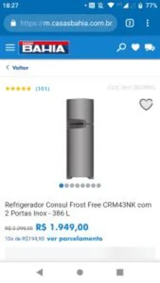 Saindo por R$ 1949: Refrigerador Consul Frost Free CRM43NK com 2 Portas Inox - 386 L | R$1949 | Pelando