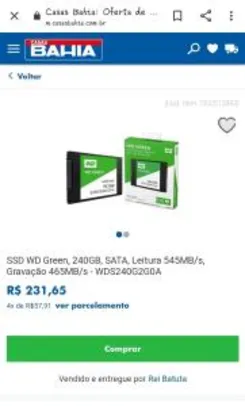SSD WD Green, 240GB, SATA, Leitura 545MB/s, Gravação 465MB/s - WDS240G2G0A R$231