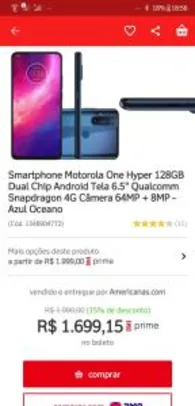 [R$1.495 AME+CC Americanas] Smartphone Motorola One Hyper 128GB | R$1.869