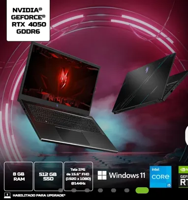 (APP) Notebook Gamer Acer Nitro V i5 13420H W11 8GB 512GB RTX4050 15.6 