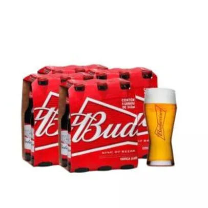 Kit Budweiser com 4 Packs de 6 unidades 343 ml + copo 400 ml grátis - R$ 46