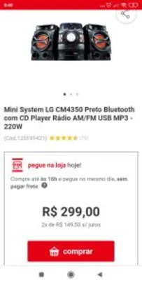 Mini System LG CM4350 Preto Bluetooth com CD Player Rádio AM/FM USB MP3 - 220W - R$299