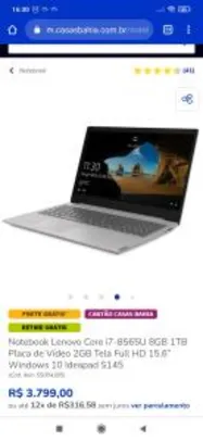 Notebook Lenovo Ideapad S145 i7-8565U 8GB 1TB 15.6” W10 | R$3.799