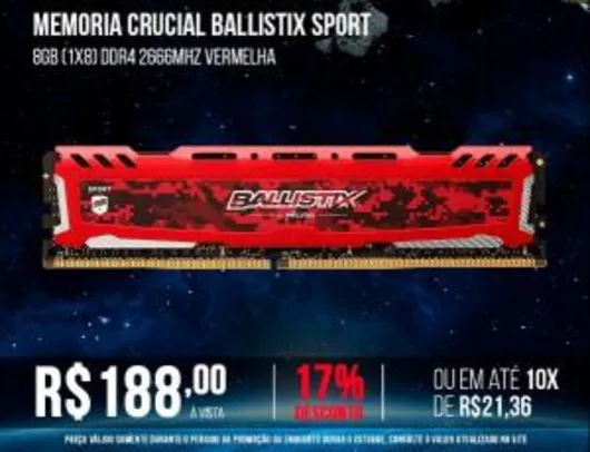 MEMORIA CRUCIAL BALLISTIX 8GB (1X8) DDR4 2666MHZ VERMELHA | R$188
