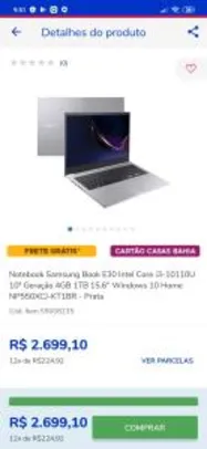 Notebook Samsung Book E30 4GB 1TB Prata | R$2.699