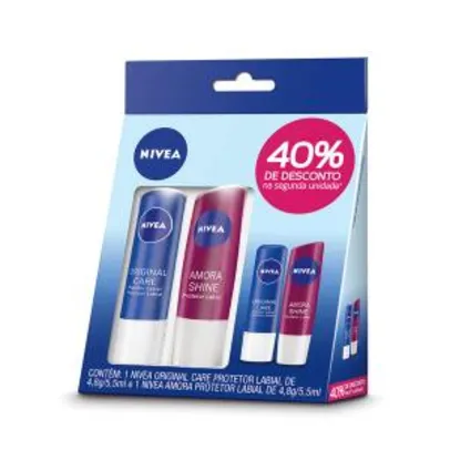 Protetor Labial Nivea Original Care 48g + Protetor Labial Nivea Amora Shine 4,8g | R$11