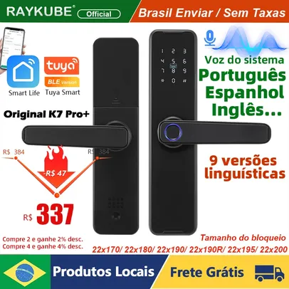 [BR] Fechadura Eletrônica Inteligente Raykube K7 Pro +Tuya com Desbloqueio Biométrico de Impressão Digital, Cartão Ic, Senha, App e Chave