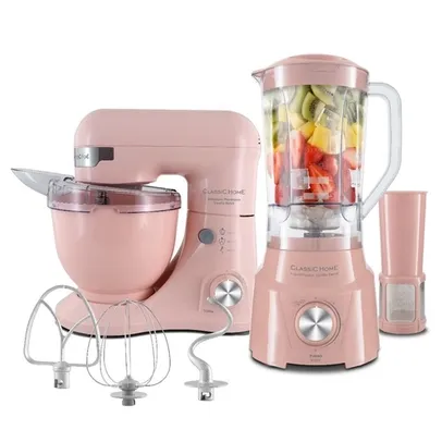 [AME R$260] Kit 2 em 1 Liquidificador 900W + Batedeira 4L Planetária Vanilla Retrô Rosa - Classic Home