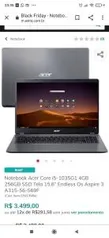 Notebook Acer Core i5-1035G1 4GB 256GB SSD Tela 15.6” Endless Os Aspire 3 A315-56-569F