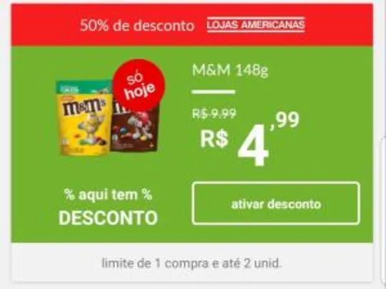 [Lojas Americanas - Física] Chocolate M&M 148 g R$ 5