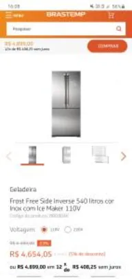 [23% de desconto +5% a vista] Frost Free Side Inverse 540 litros cor Inox com Ice Maker 110V