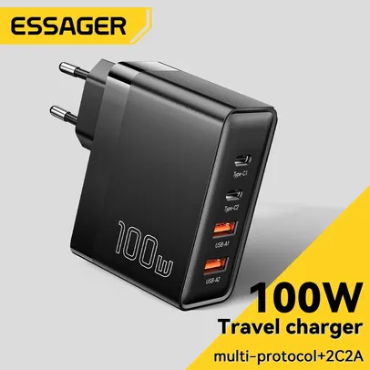 [100W] Carregador GaN Carga Rápida Essager USB Tipo C PD, QC 4.0, 3.0 4 Portas