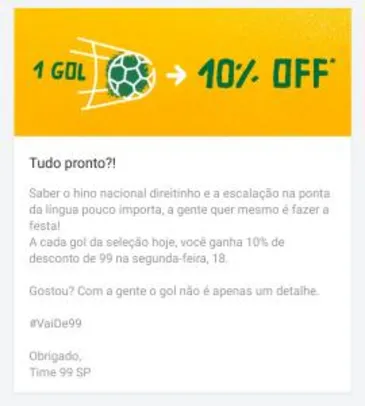 10% OFF na 99POP a cada gol do Brasil