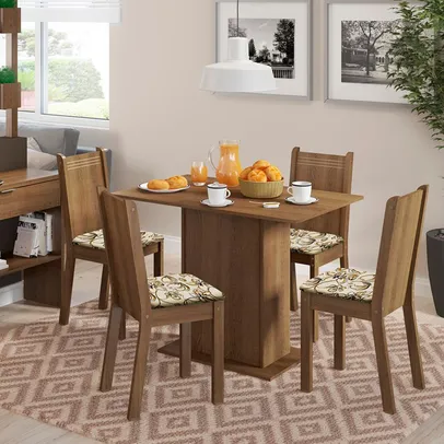 Conjunto Sala de Jantar Lexy Madesa Mesa Tampo de Madeira com 4 Cadeiras - Rustic/Floral Lírio Bege