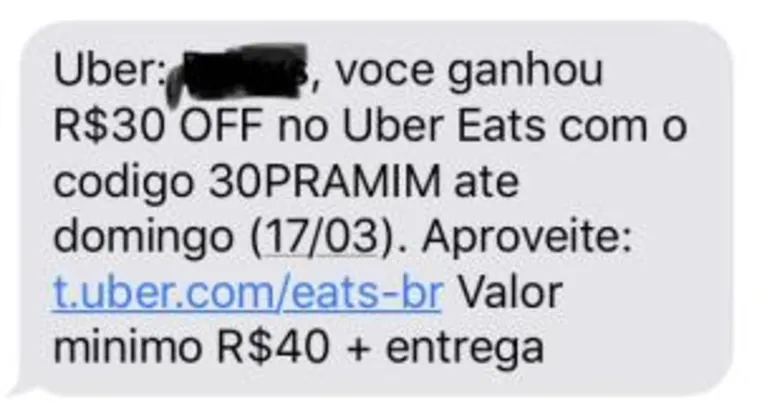 [Uber eats] R$30 Off em pedidos de no mínimo R$40 no Uber Eats