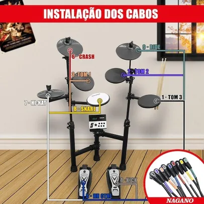 Bateria Eletrônica com 7 Pads 2 Pedais Par de Baquetas