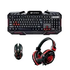 Combo Gamer Teclado, Mouse e Headset C3-Tech USB, ABNT2, 3200DPI, P2, Preto e Vermelho - GK-100BK