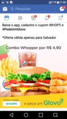 [Salvador] Cupom Glovo para Burger king