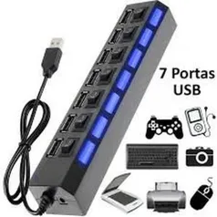 USB 2.0 HUB 7 portas com Switch e LED Indicador-Preto | R$24