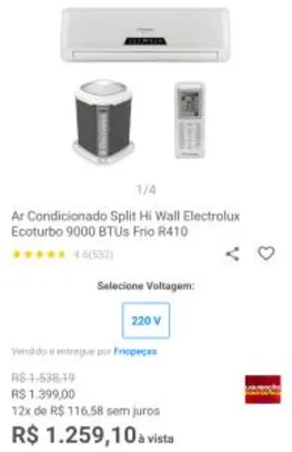 Ar condicionado split hi wall electrolux ecoturbo 9000 btus frio | R$ 1259