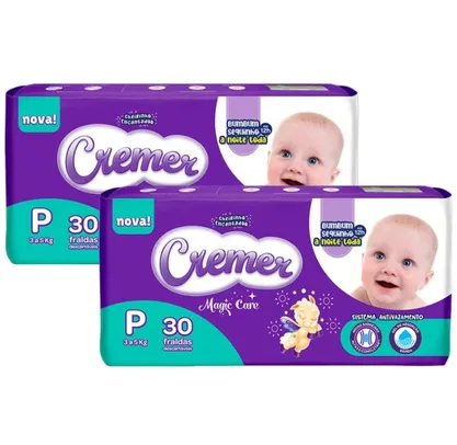 Kit 2 Fralda Cremer Magic Care Tamanho P Pacote Jumbo 30 Unidades Descartáveis cada