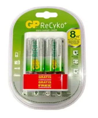 Pilha Recarregável GP Recyko+ 4xAA + Carregador Portátil USB U411 | R$ 45