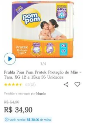 [R$ 30 reais de volta/APP] Fralda Pom Pom Protek Proteção de Mãe - Tam. XG R$ 35