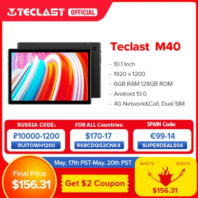 Tablet Teclast M40 128GB 6GB Ram Android 10 Frete Grátis | R$880