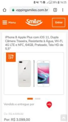 iPhone 8 Apple Plus com iOS 11, Dupla Câmera Traseira, Resistente à Água, Wi-Fi, 4G LTE e NFC, 64GB, Prateado, Tela HD de 5,5" - R$3099