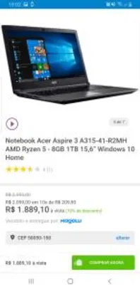 Notebook Acer Aspire 3 A315-41-R2MH AMD Ryzen 5 - 8GB R$ 1889