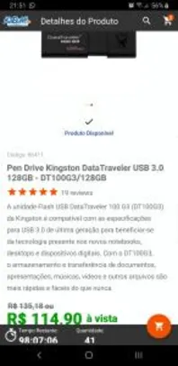 Pen Drive Kingston DataTraveler USB 3.0 128GB - R$115
